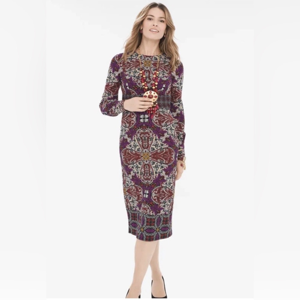 Chico’s Size 1 US 8/10 Sheath Dress Medallion Print LongSleeve Balloon